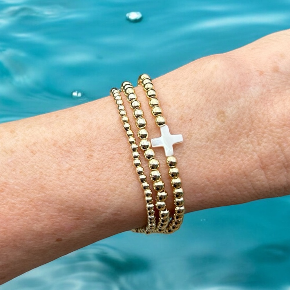 Gold Filled Beads Bracelets, stack set of 3 stretch, Mother of Pearl, waterproof